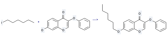 4H-1-Benzopyran-4-one, 7-(hexyloxy)-3-phenoxy- can be prepared by 1-iodo-hexane and 7-hydroxy-3-phenoxy-chromen-4-one